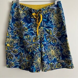 Vintage Y2K Sideout Men’s Hawaiian Flower Print Swim Trunks-Blue/Yellow Size 32